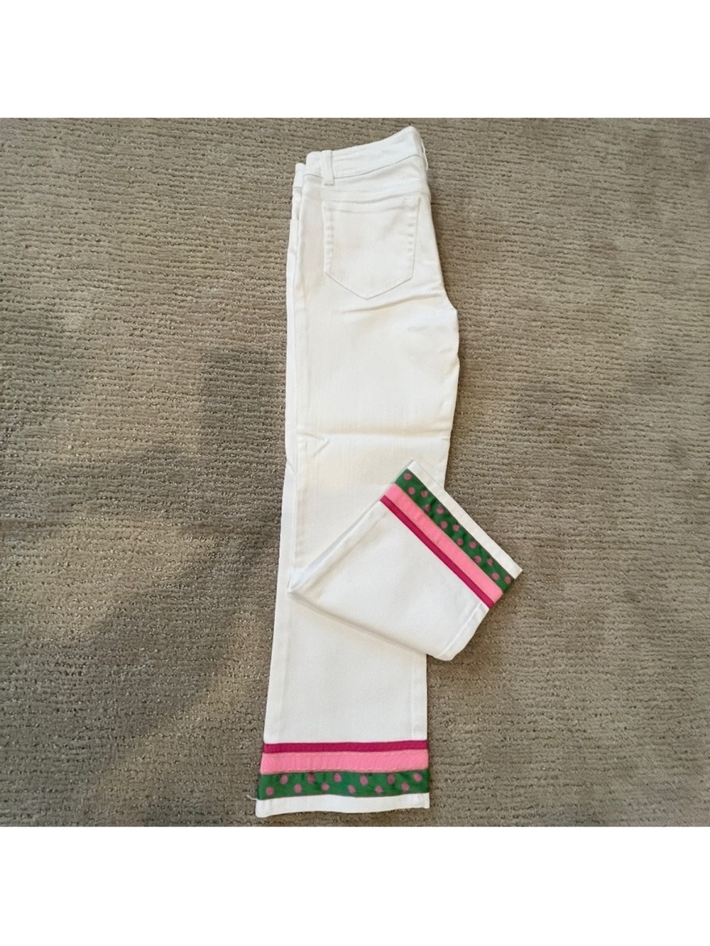 Lilly Pulitzer White Cropped Jeans with Pink & Green Hem Trim
